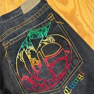 Vintage COOGI Australia Blue Denim Baggy Jeans Rainbow Logo 90s Hip Hop SZ 38X34